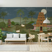 Mandir Majesty mural in warm tones on a feature wall