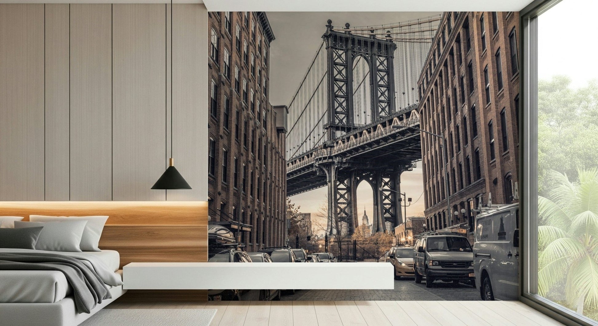 Row of vehicles on Dumbo street, leading towards magnificent Manhattan bridge.