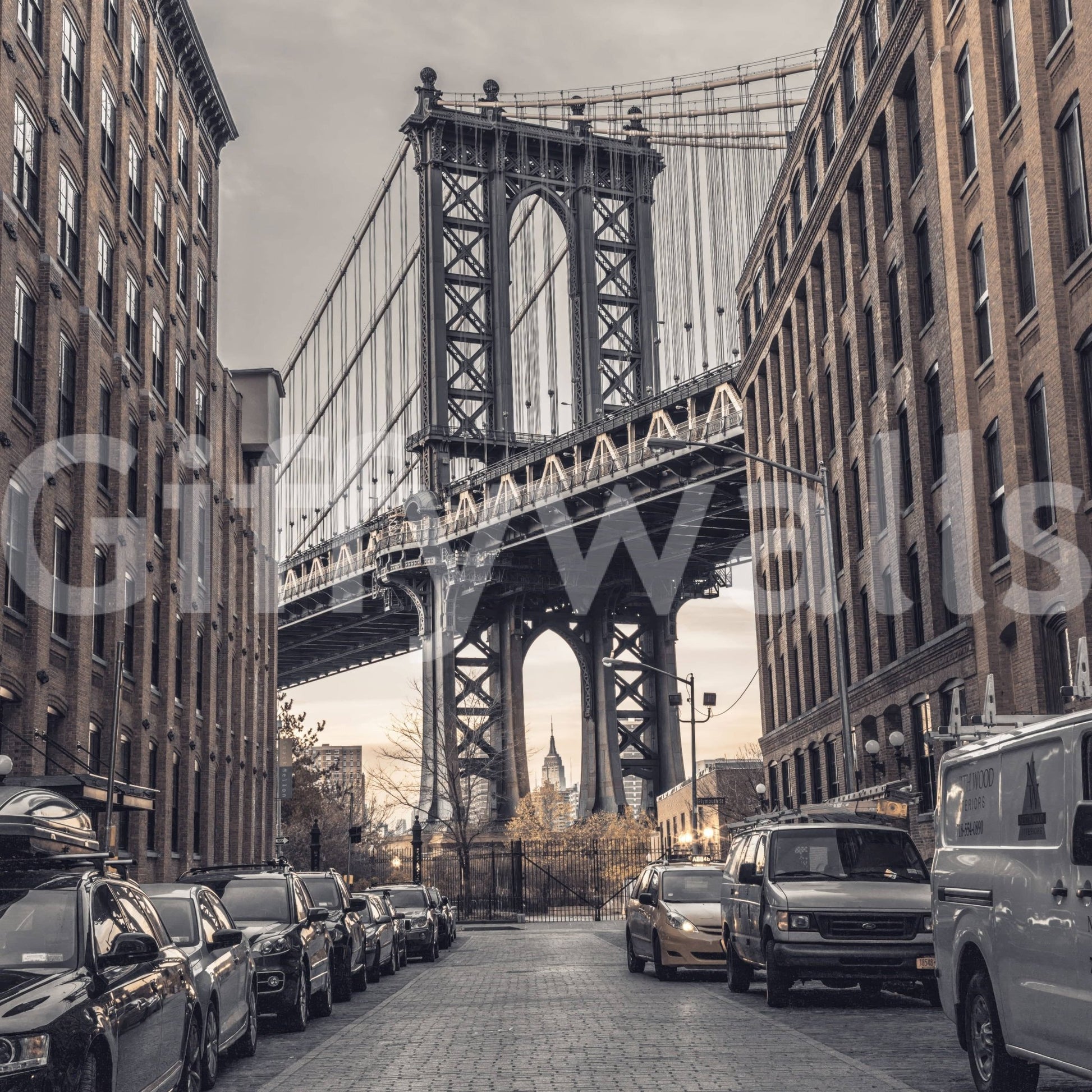 Brooklyn Dumbo perspective Manhattan mural, dramatic roadway convergence.