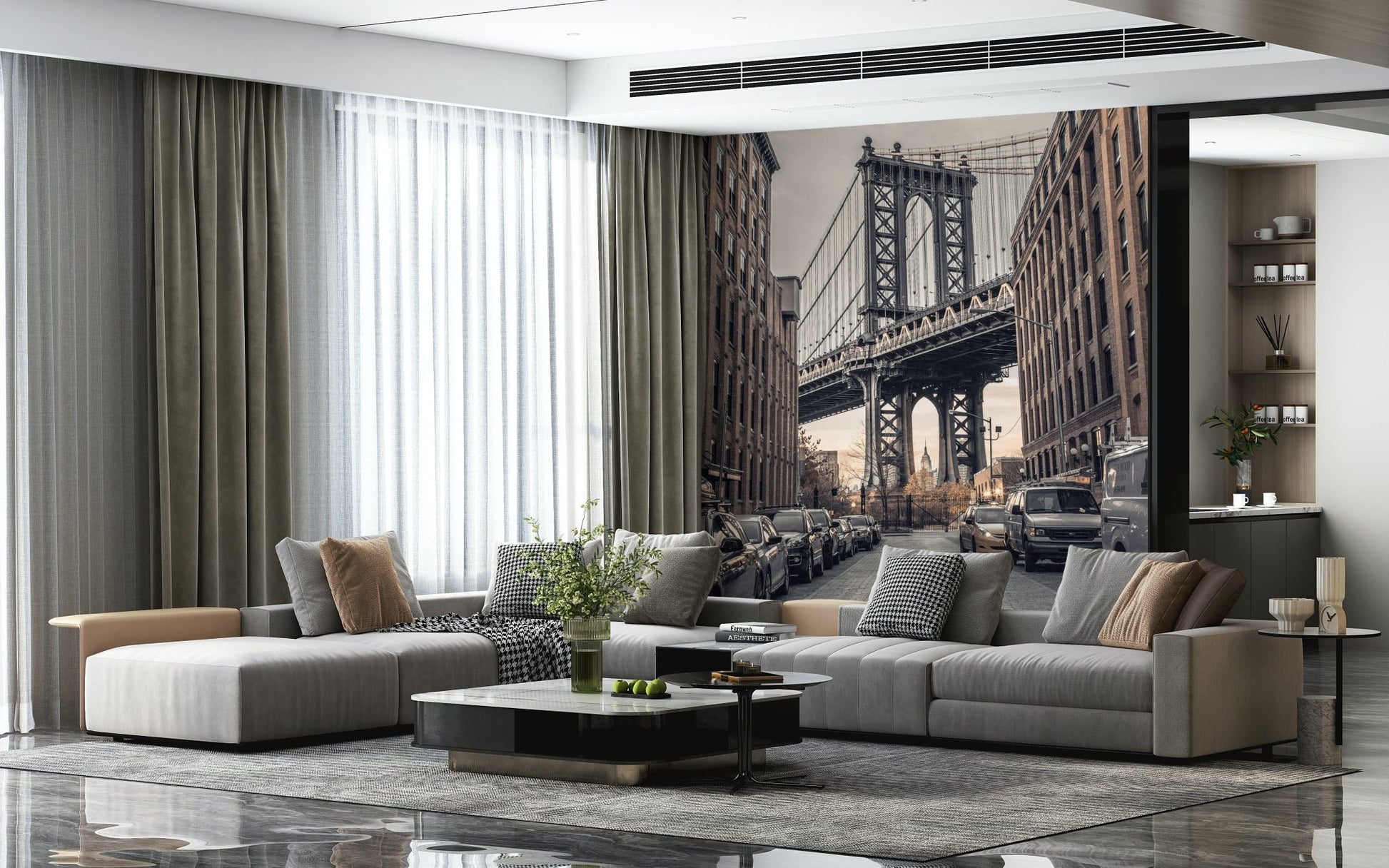 Unique angle Bridge from Dumbo photo, striking suspension element visible.
