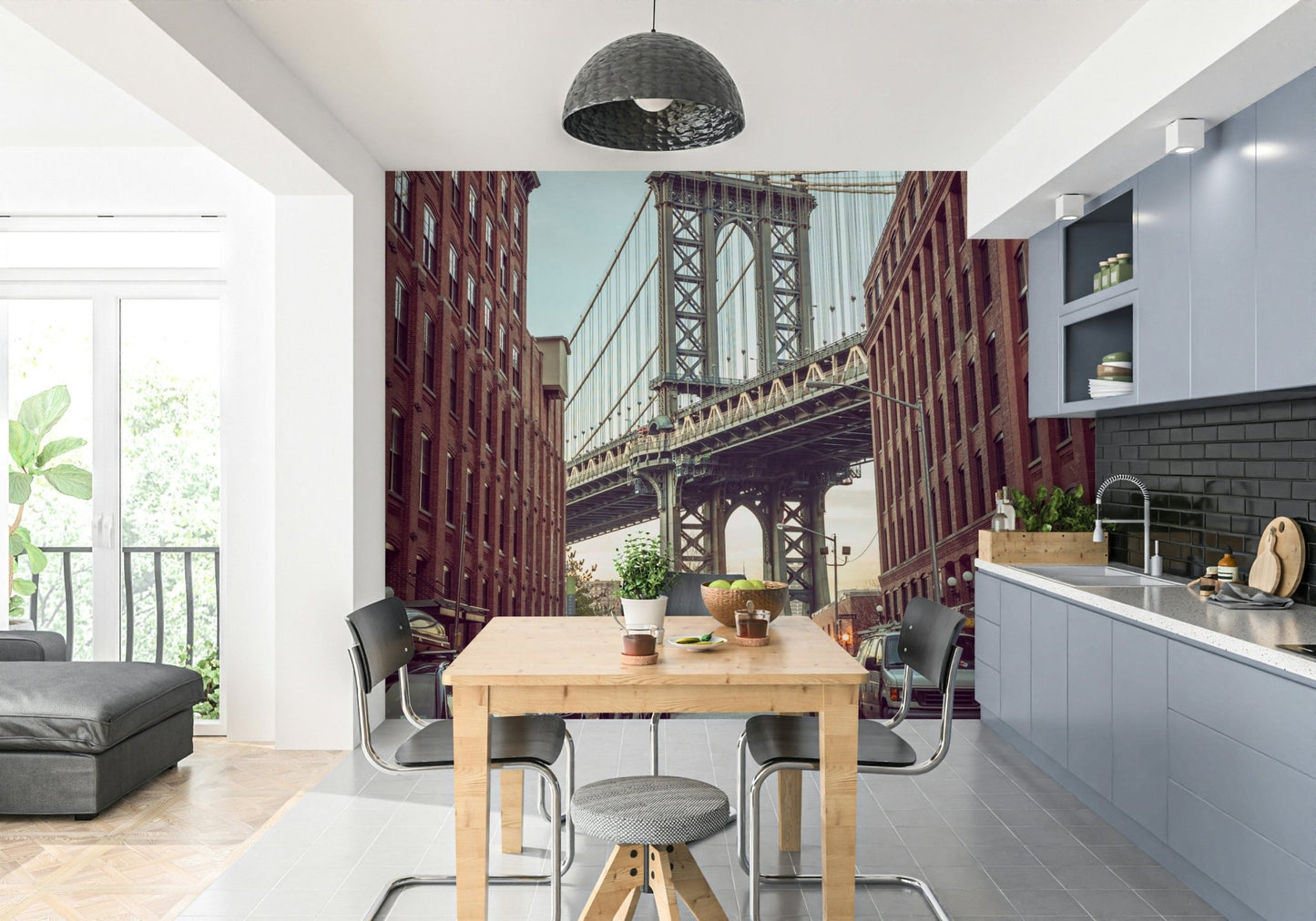 Empire State Building visible in the distance under the bridge.

