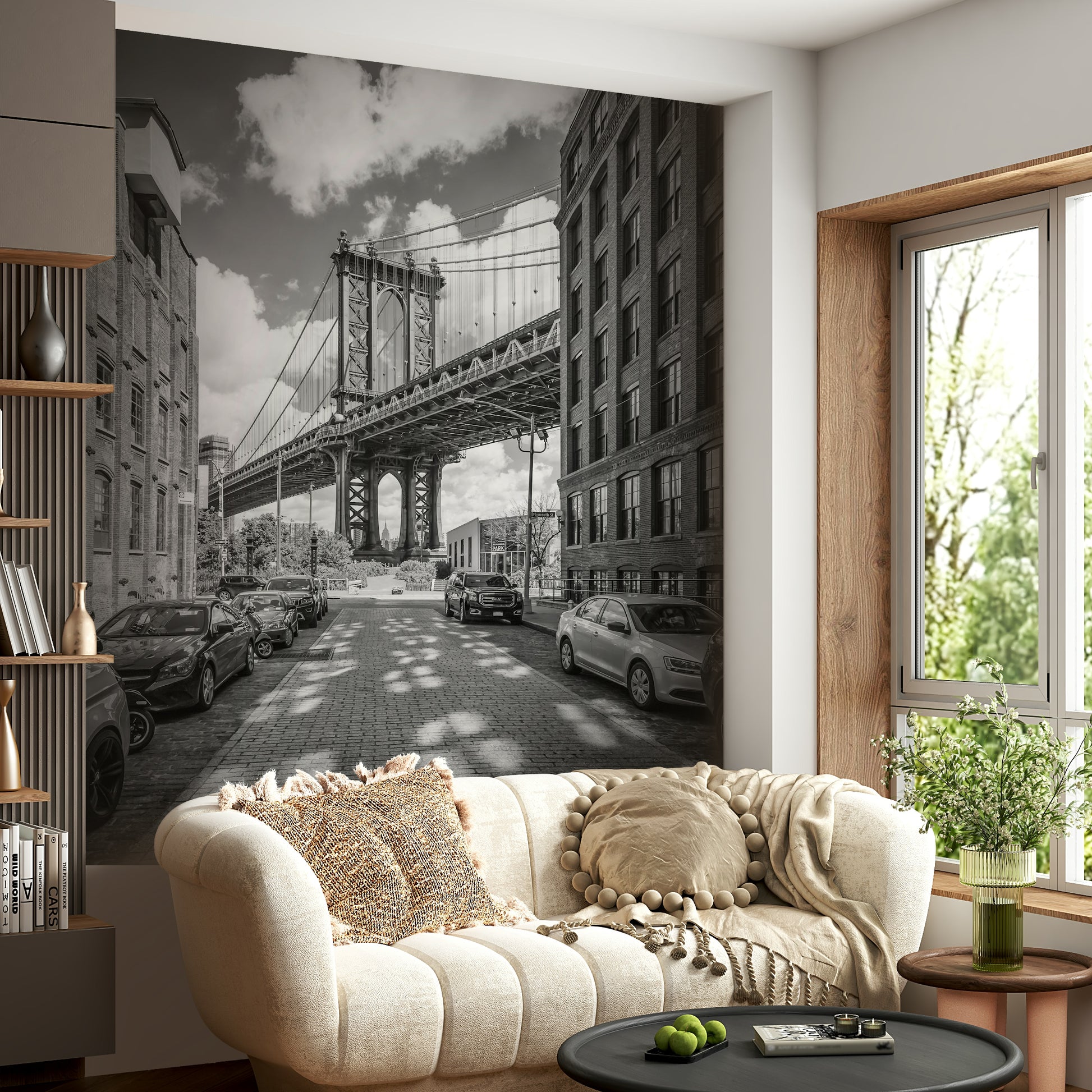 Bold city skyline wallpaper for an entryway or hallway.