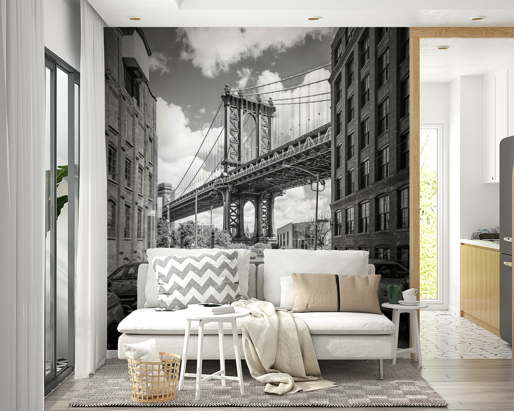 Large bridge architecture wallpaper for a feature wall in a sunlit office.