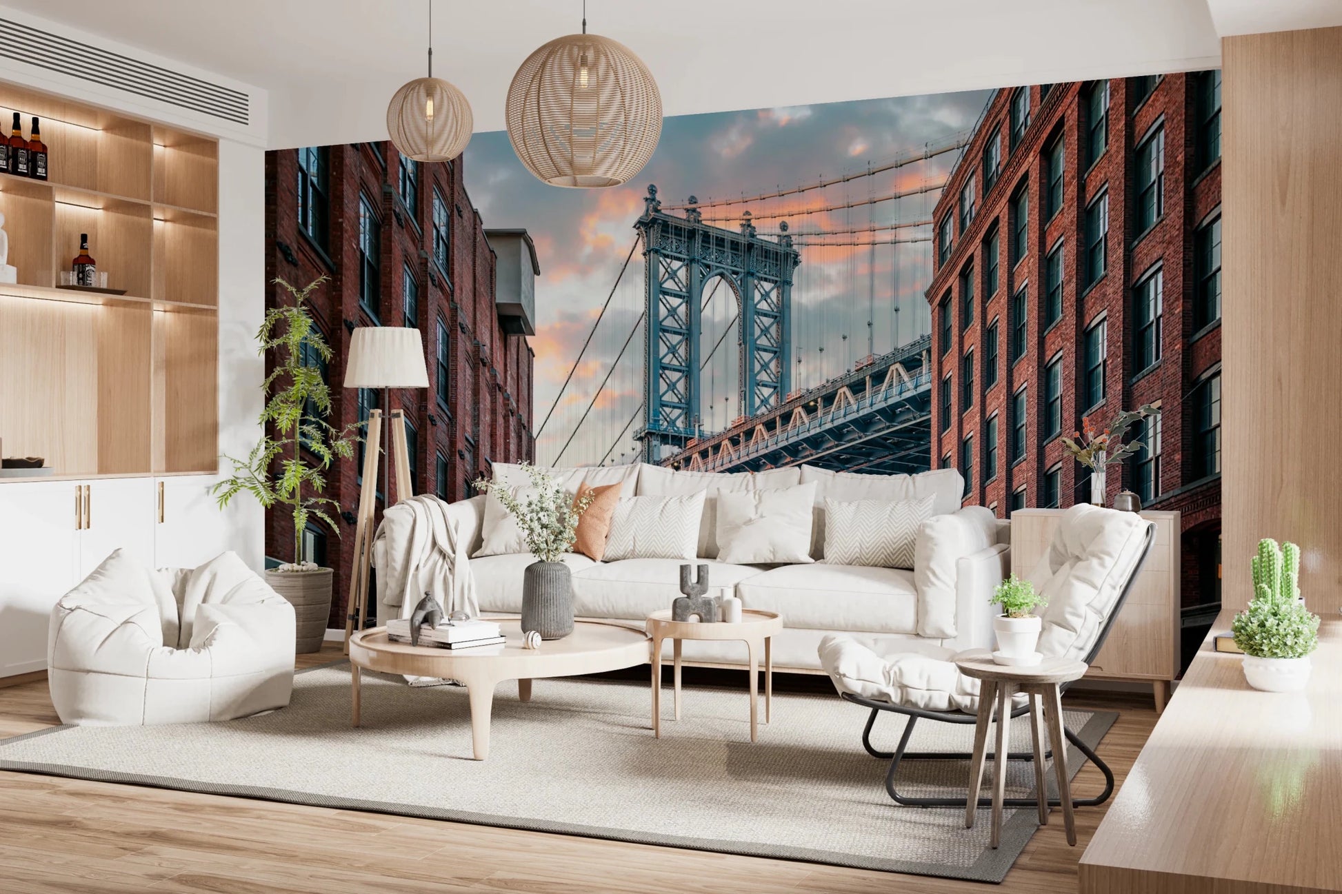 Manhattan Bridge Vista wallpaper mural of the bridge at sunset behind a white sofa and beanbag in a living room