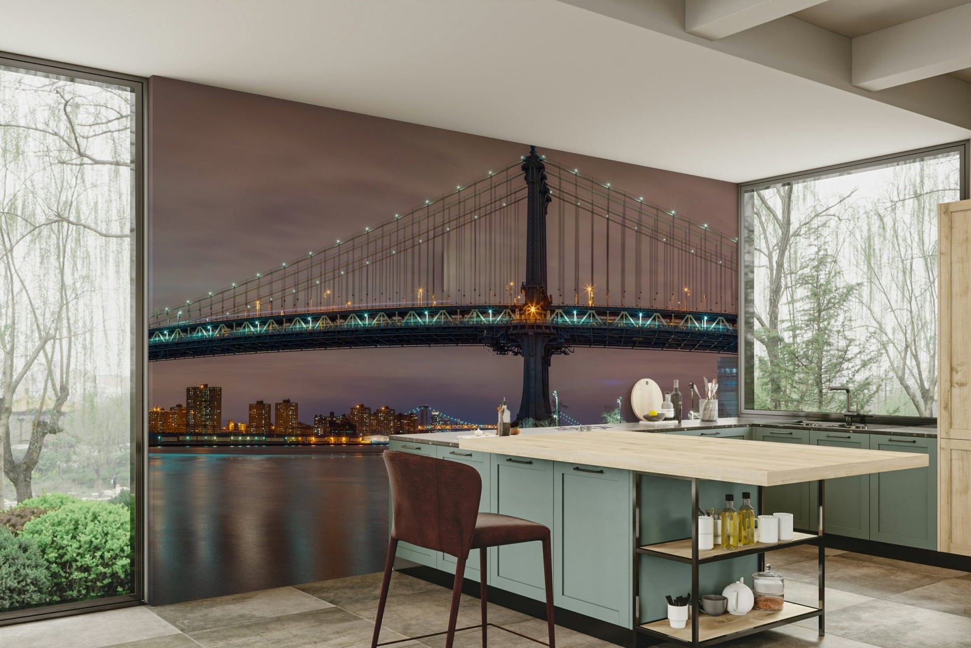 Dazzling city lights reflected in the water.

