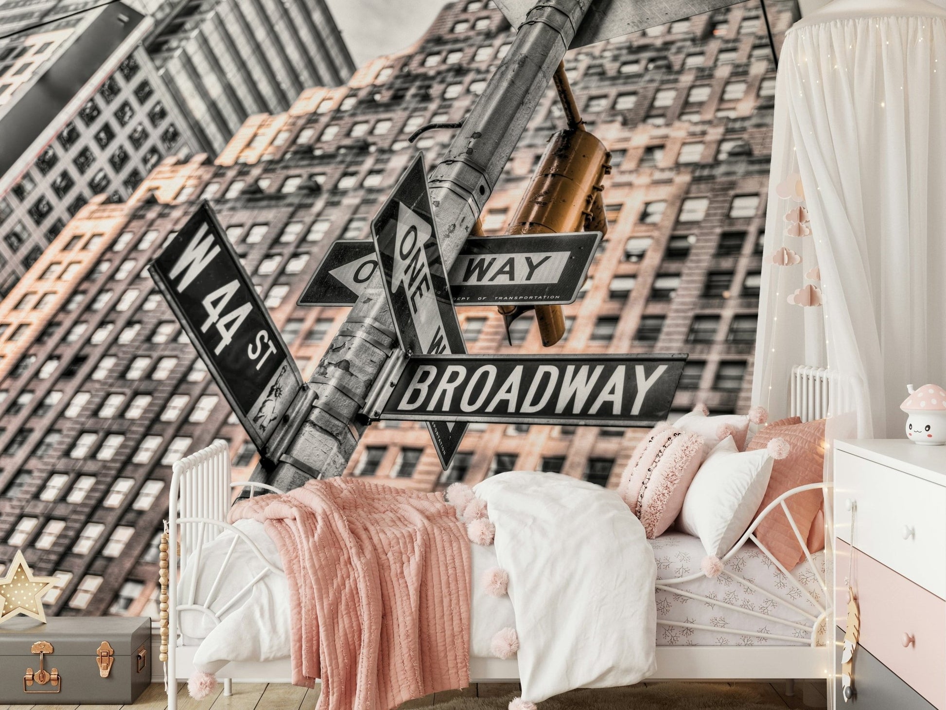 W 44 St and Broadway signs, towering skyscraper background, Manhattan view.