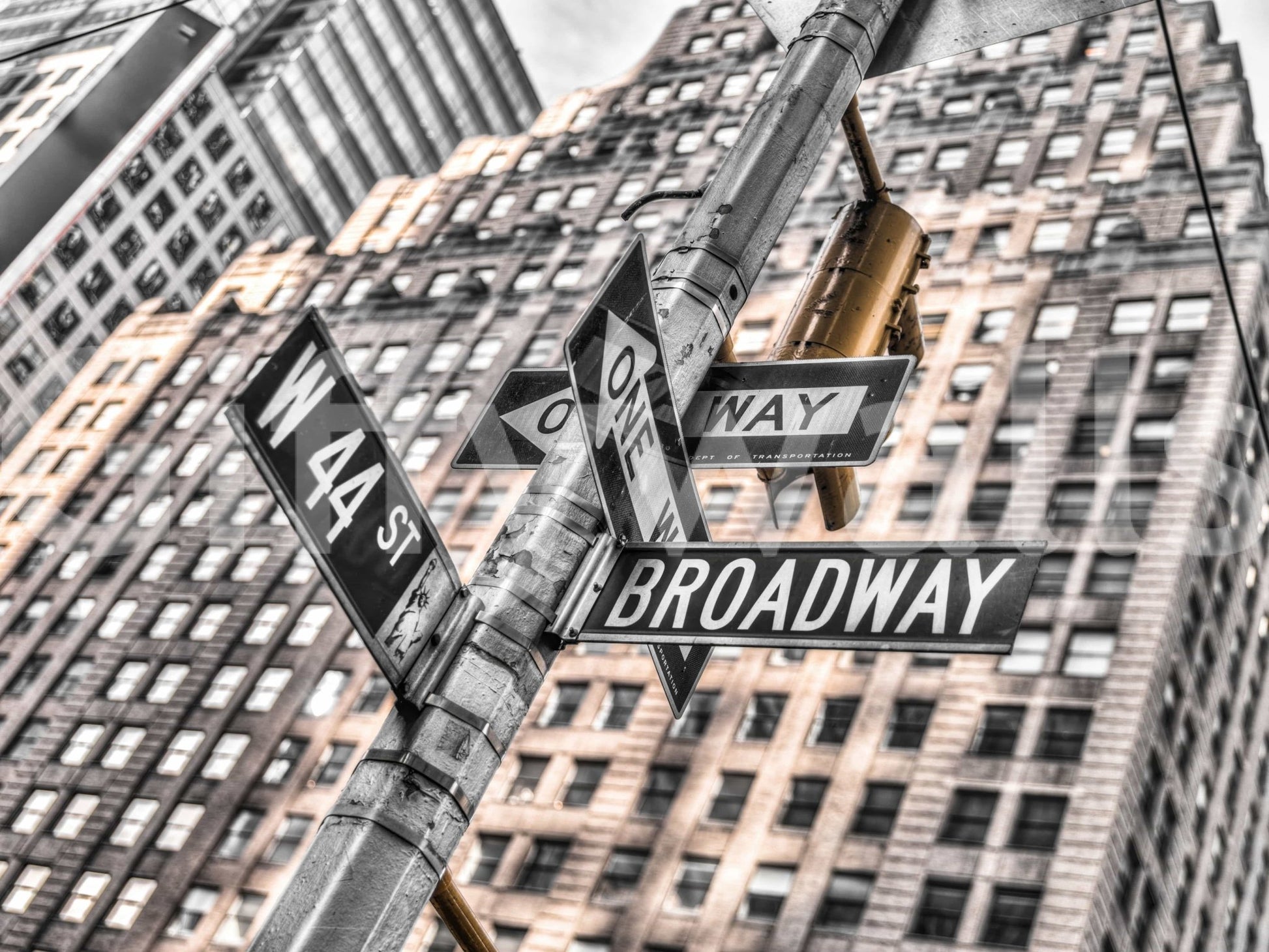 Striking NYC street furniture, bold one way sign, inspiring Manhattan artwork.
