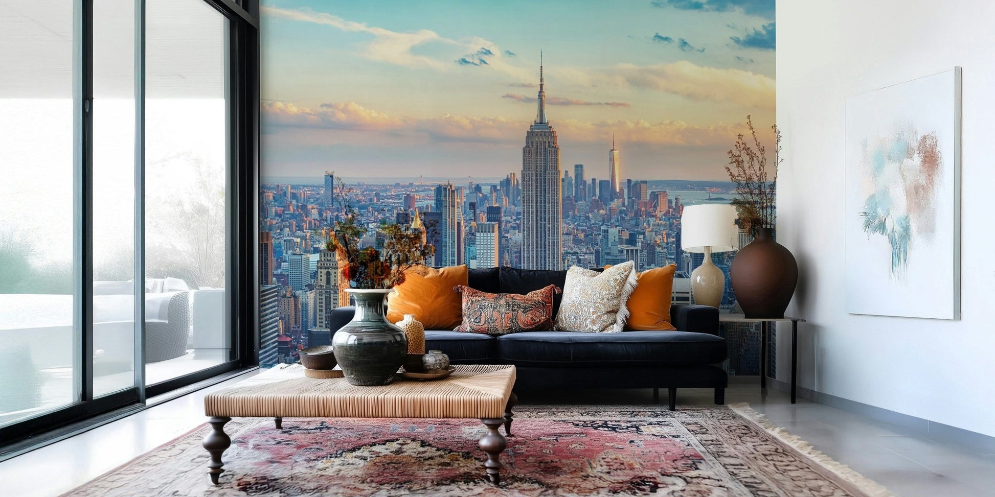 Urban scenery decorates this Manhattan Dawn Hues wallpaper mural.