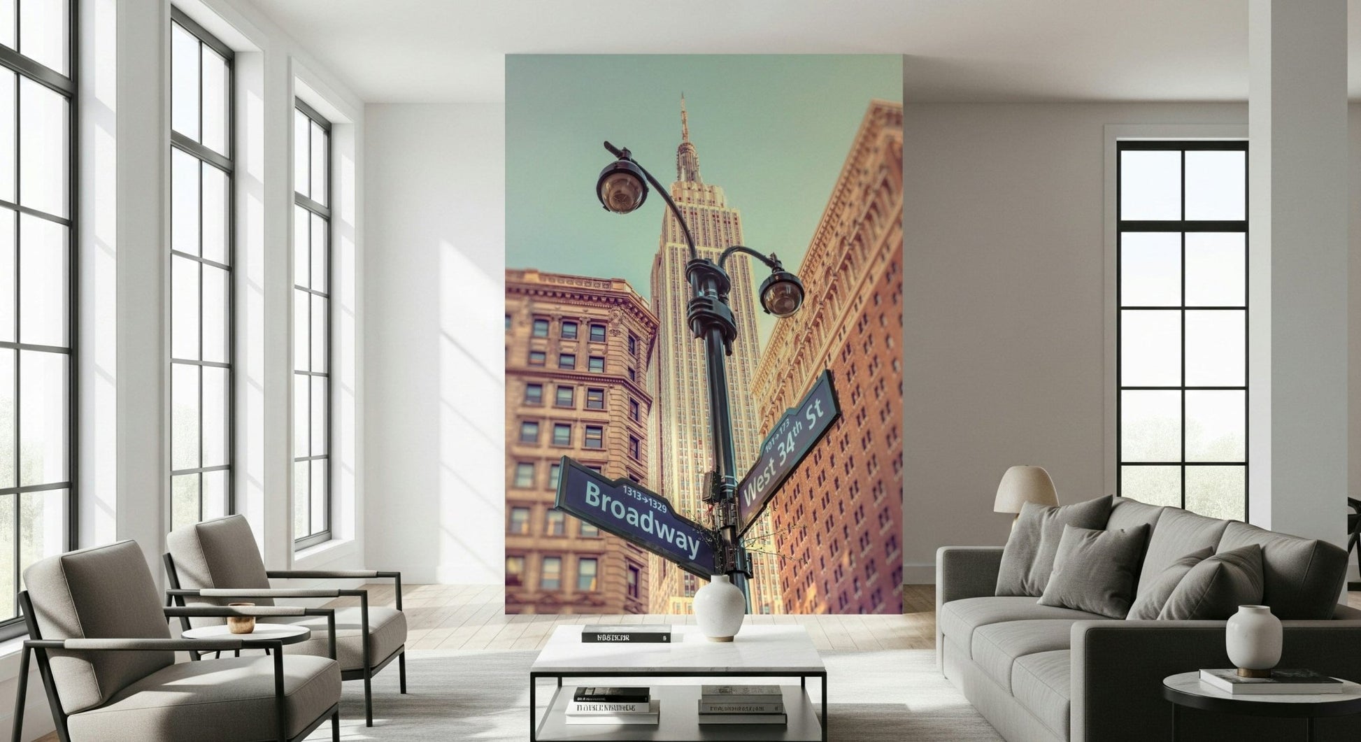High-rise Manhattan street sign poster, luminous sunny majesty décor.