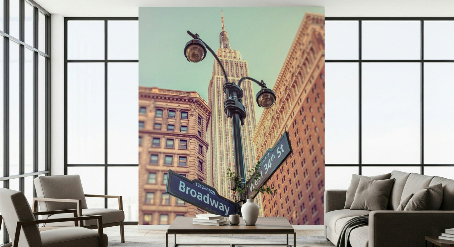 Historic Broadway and 34th St sign majesty wall mural installation.