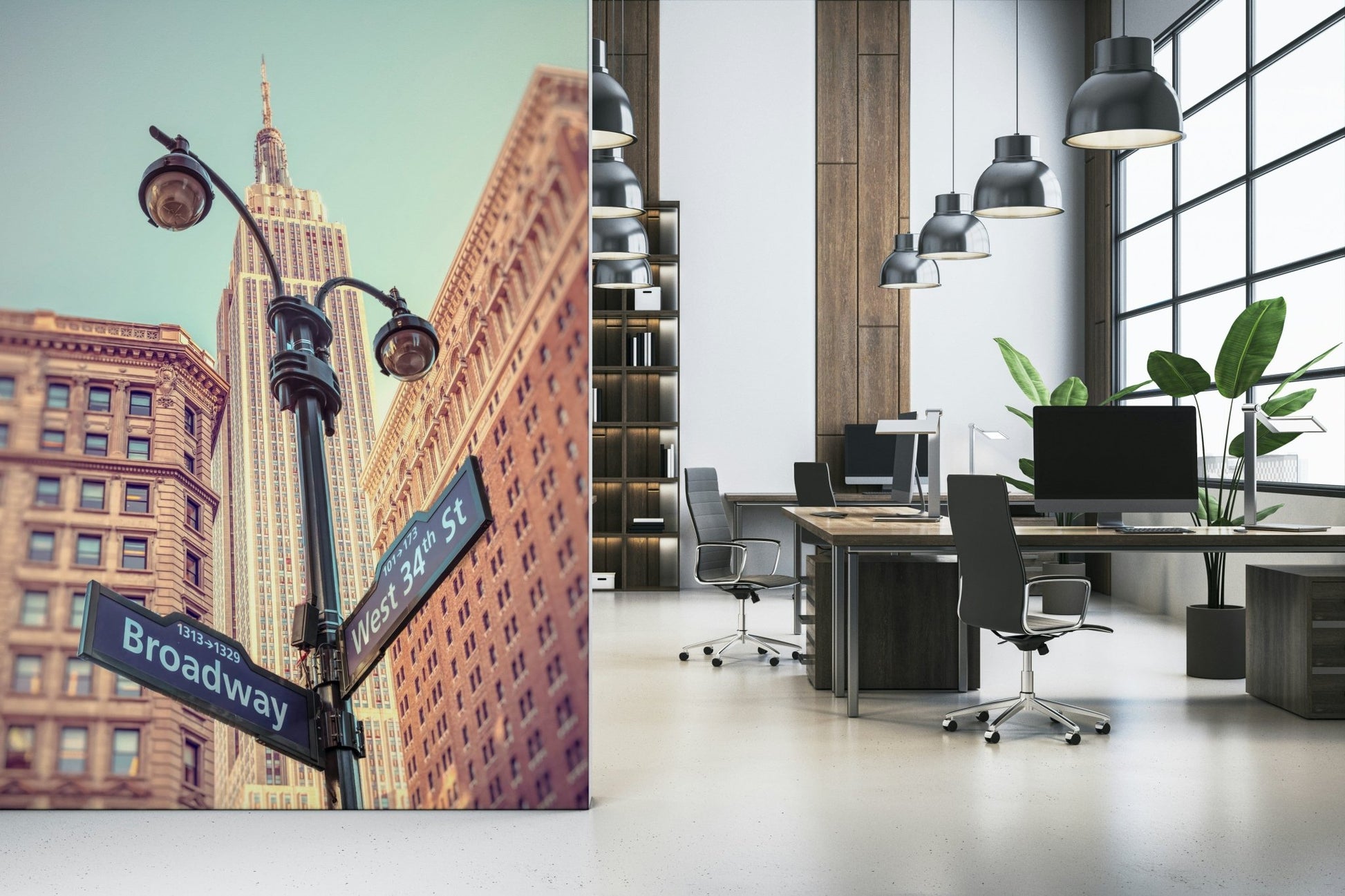 Iconic NYC street sign wallpaper art, vintage sepia majesty photo.