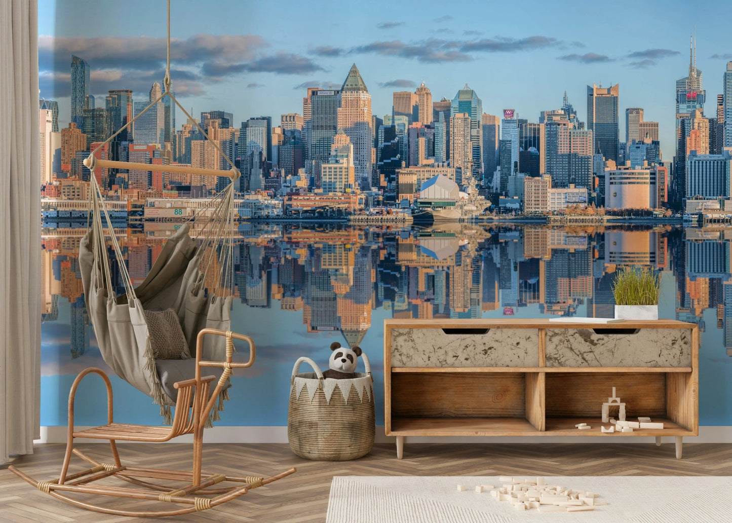 Blue and grey urban horizon wallpaper for a home styling project