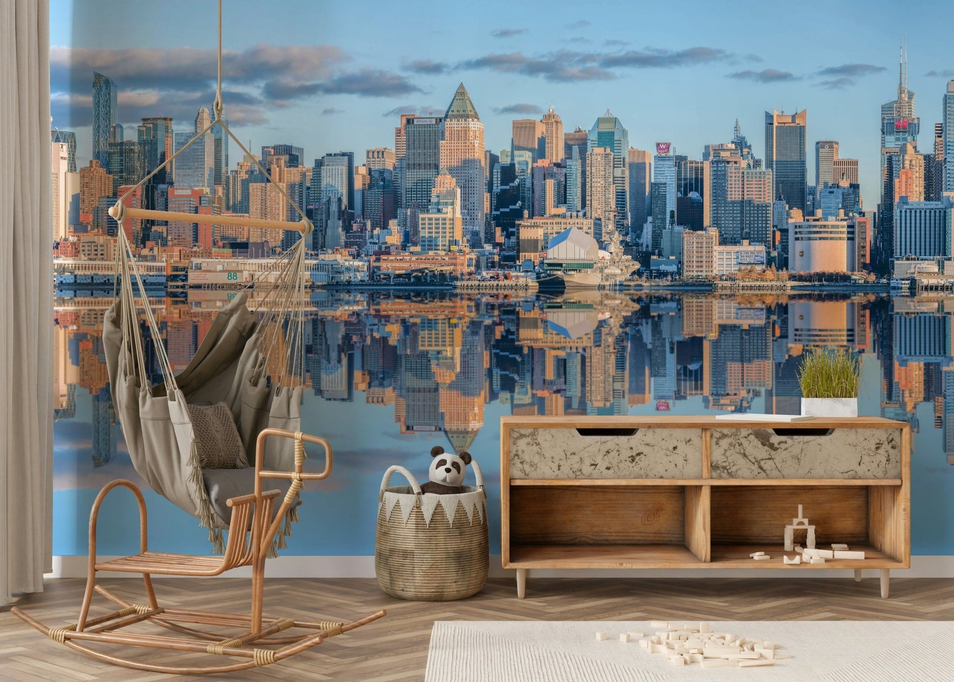 Blue and grey urban horizon wallpaper for a home styling project