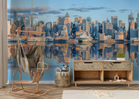 Blue and grey urban horizon wallpaper for a home styling project