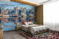Wide-angle New York cityscape wallpaper for a minimalist bedroom
