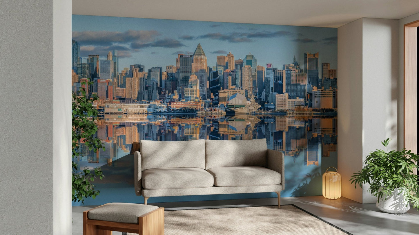 Daytime city skyline mural with clear water reflection for a hallway

