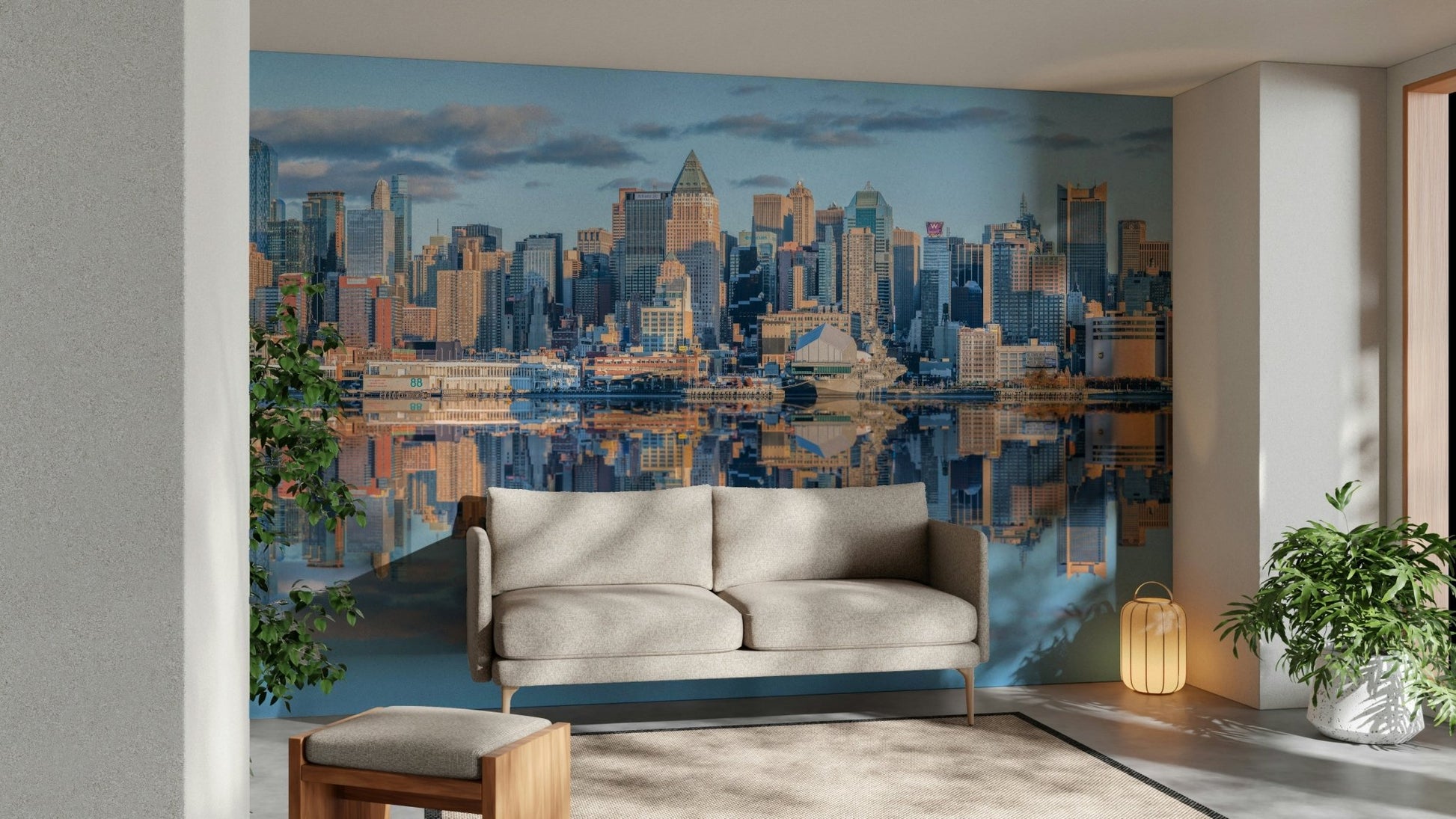 Daytime city skyline mural with clear water reflection for a hallway

