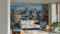 Daytime city skyline mural with clear water reflection for a hallway

