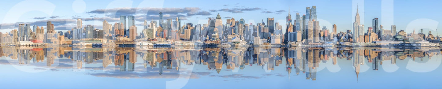 Detailed skyscraper architecture reflected in a serene waterfront mural

