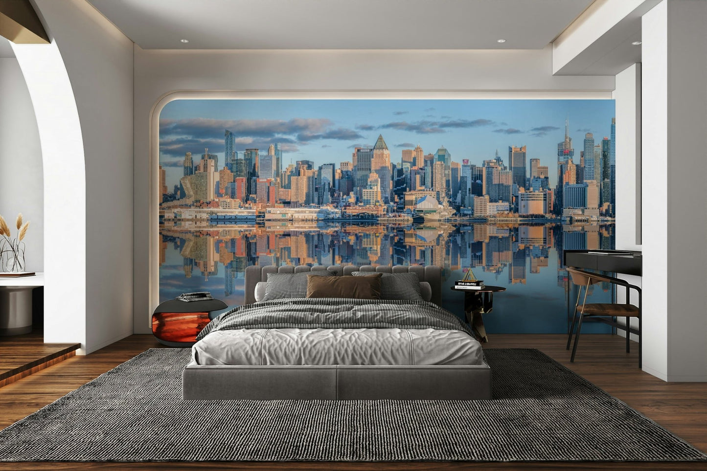 Blue city wallpaper with Manhattan skyscrapers over calm water

