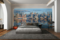 Blue city wallpaper with Manhattan skyscrapers over calm water

