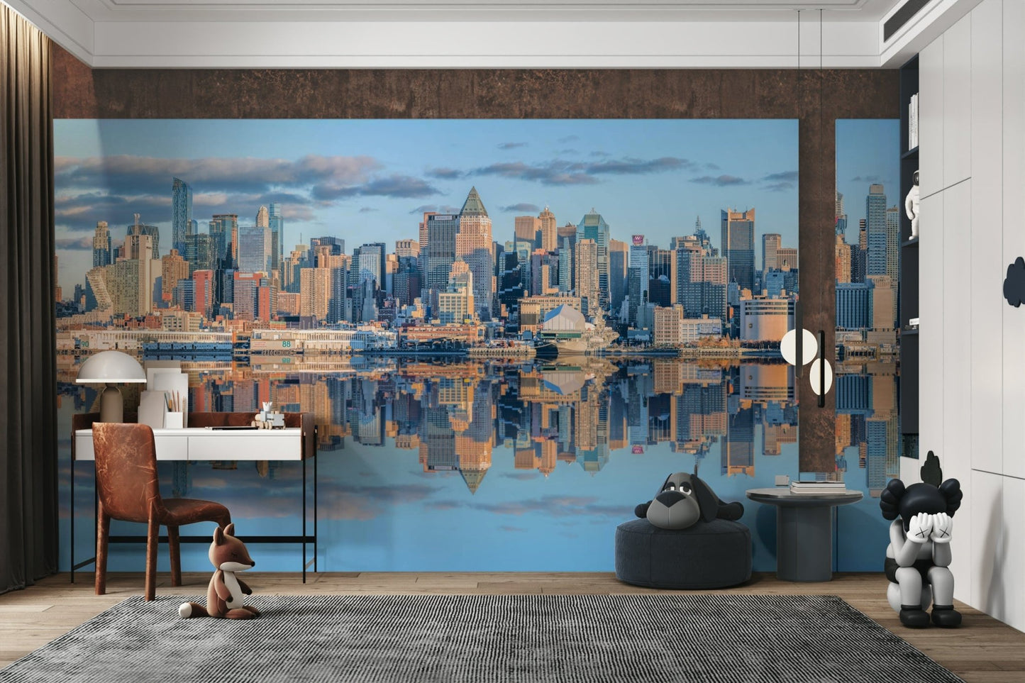 Symmetrical urban landscape mural for a modern apartment Kids room

