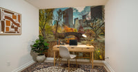 Manhattan's Autumn Embrace wallpaper mural of the park bridge and skyline in a home office with a wood desk