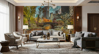 Manhattan's Autumn Embrace wallpaper mural of the autumn skyline behind a grey sofa and armchairs in a living room