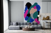 Modern abstract wallpaper featuring layered organic shapes and expressive splatter textures.