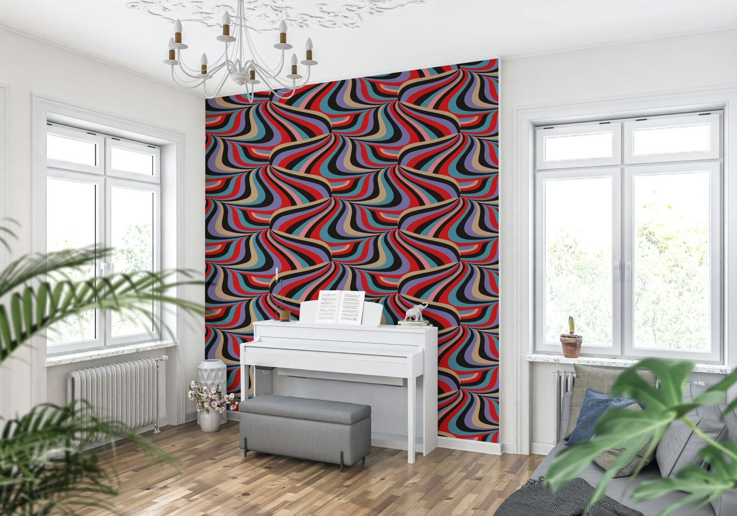 Marble Swirl Groovy Retro Abstract Wallpaper – Vibrant mural with swirling stripes in black, purple, red, blue, cream, and pink tones.