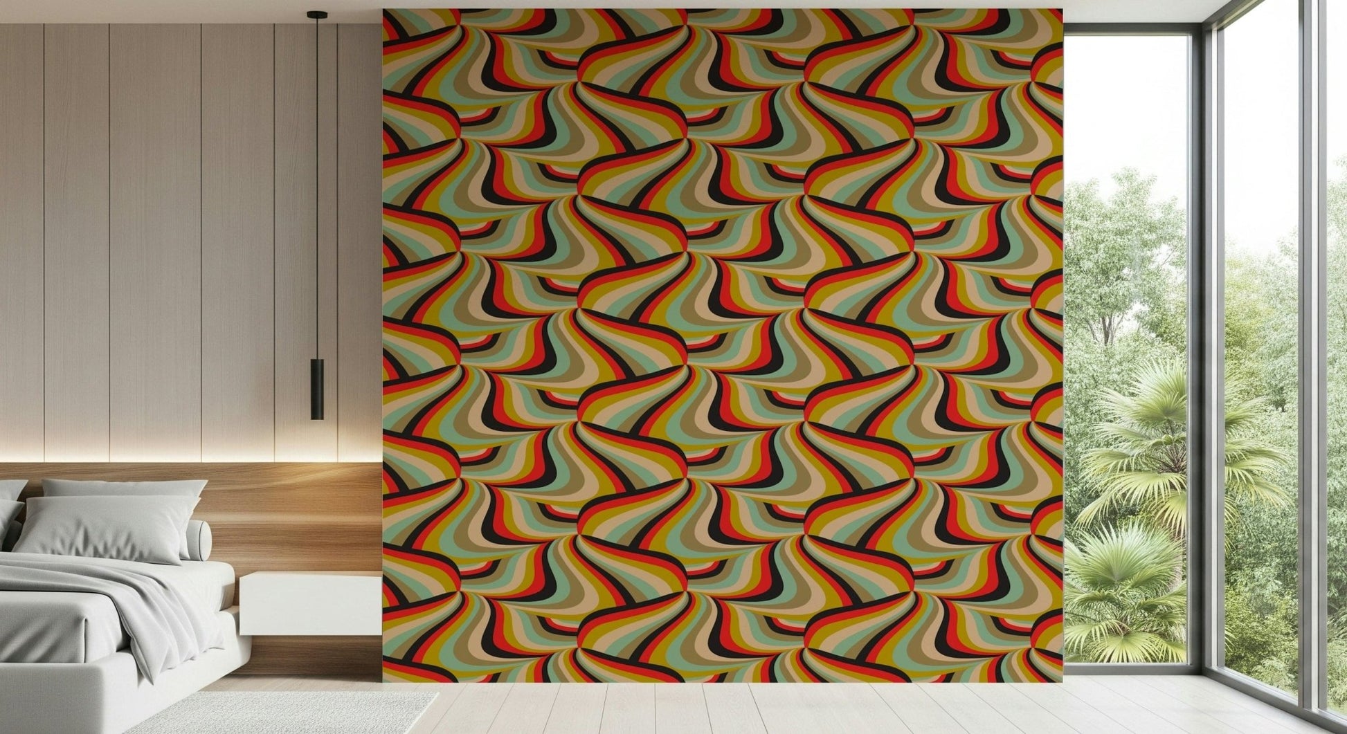 Colorful Marble Swirl Abstract Wallpaper – Eye-catching design with flowing stripes in black, red, mustard, mint, brown, and cream.
