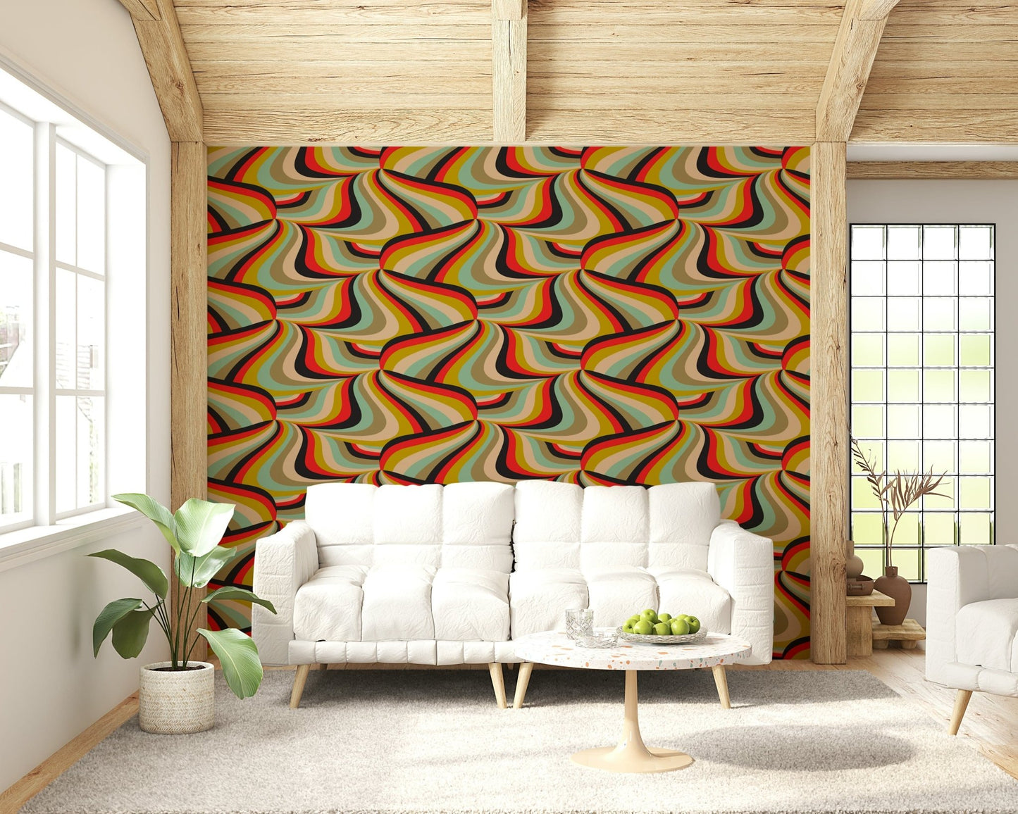 Groovy Retro Stripe Marble Wall Mural – Psychedelic-inspired mural with swirled multicolor marble stripes.