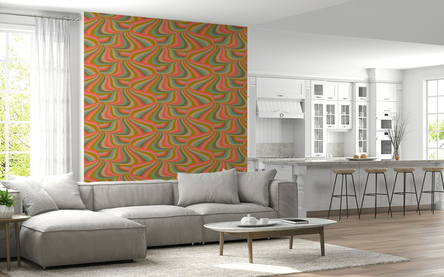 Retro Marble Swirl Stripes Wall Mural – Bold, playful abstract wallpaper featuring colorful marbled stripes in groovy retro colors.