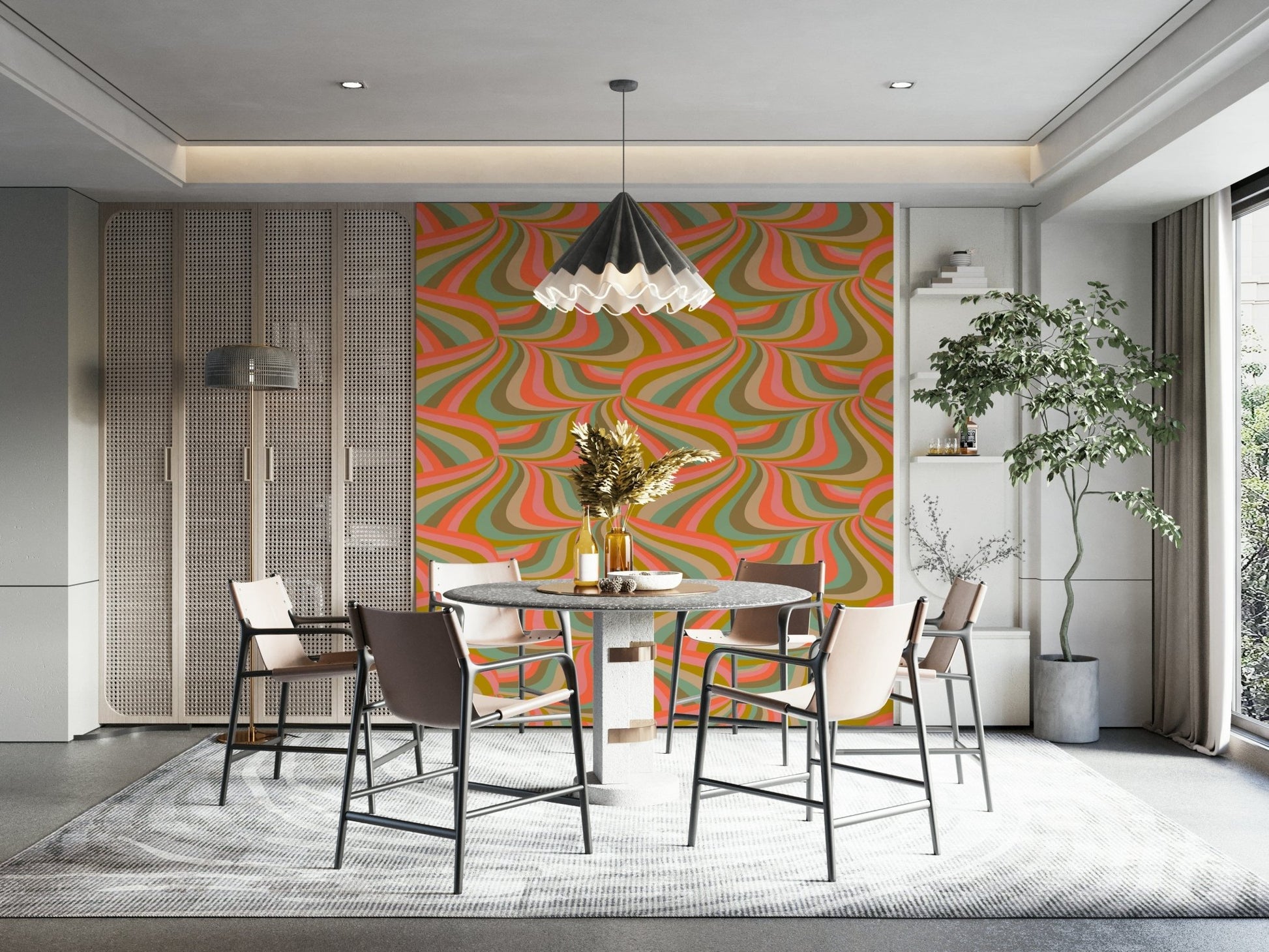 Retro Marble Stripe Pattern Wall Mural – Playful wallpaper with flowing stripes in pink, mint, mustard, coral, cream, and brown hues.