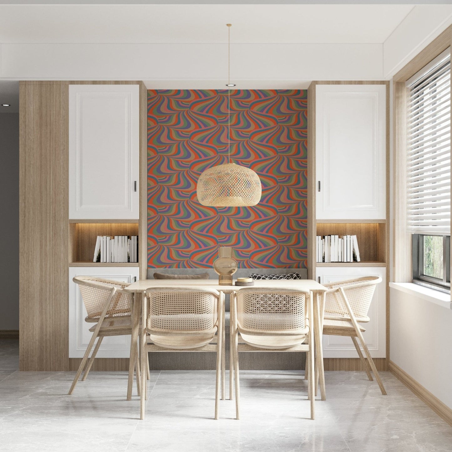 Groovy Retro Stripe Marble Wall Mural – Psychedelic-inspired mural with swirling, multicolor marble stripes.