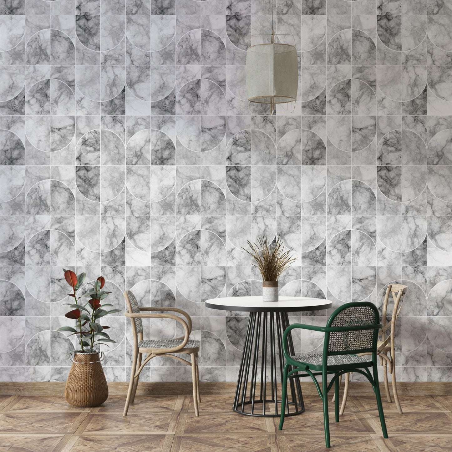 Focus on repeating geometric forms and marbled appearance.

