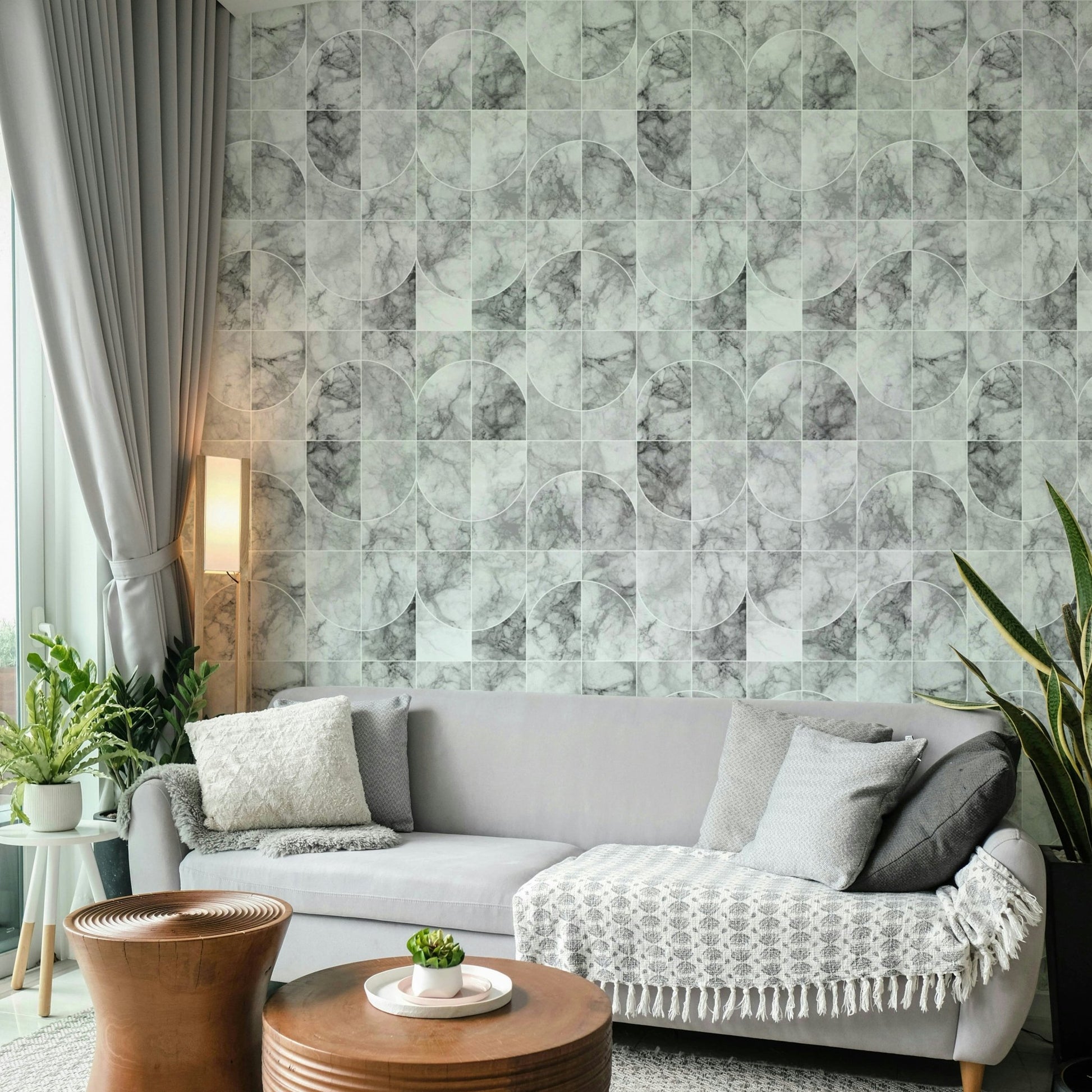 Cool, serene greyish tones with marble texture.

