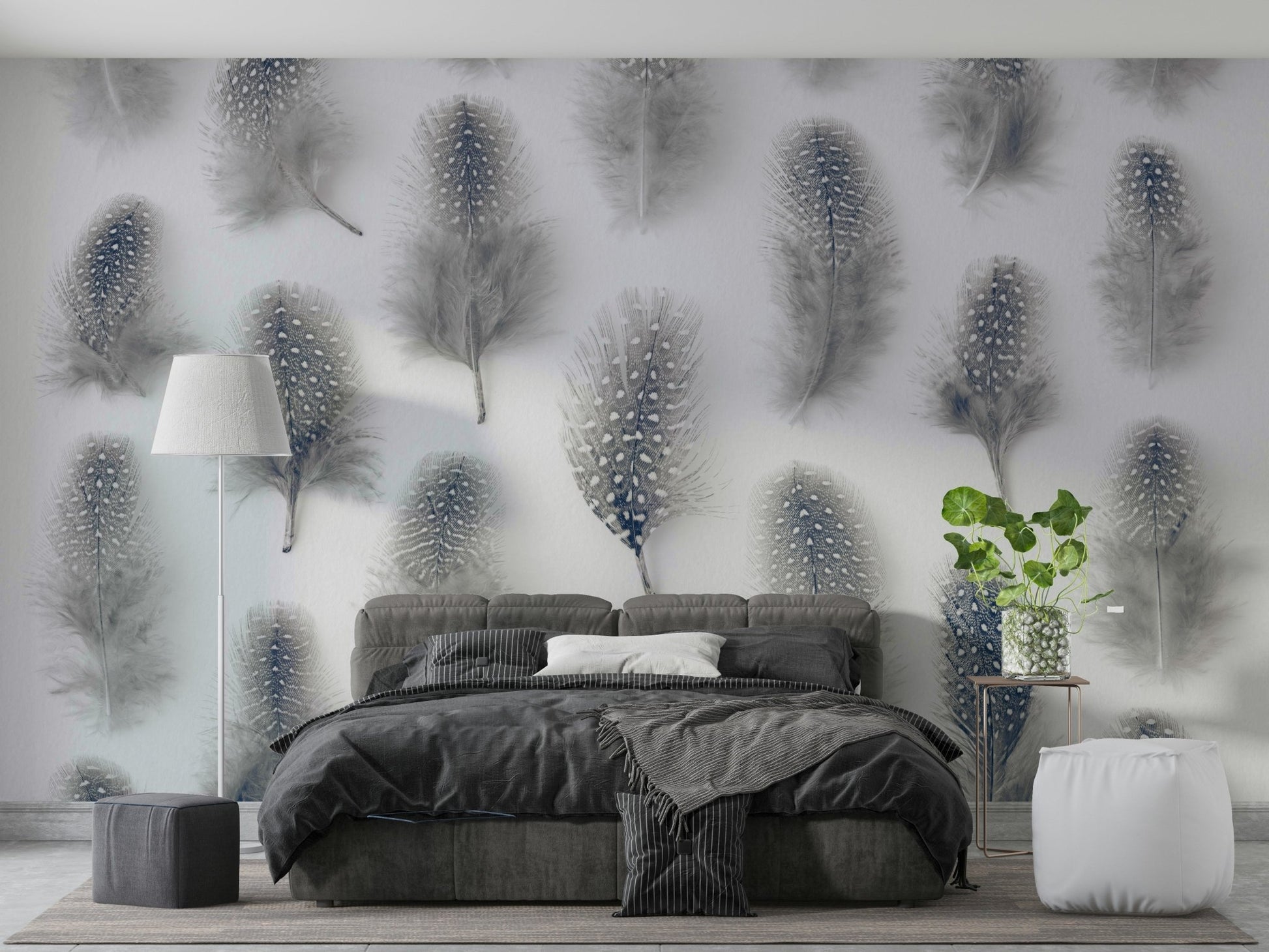 Gentle, repeating feather pattern.

