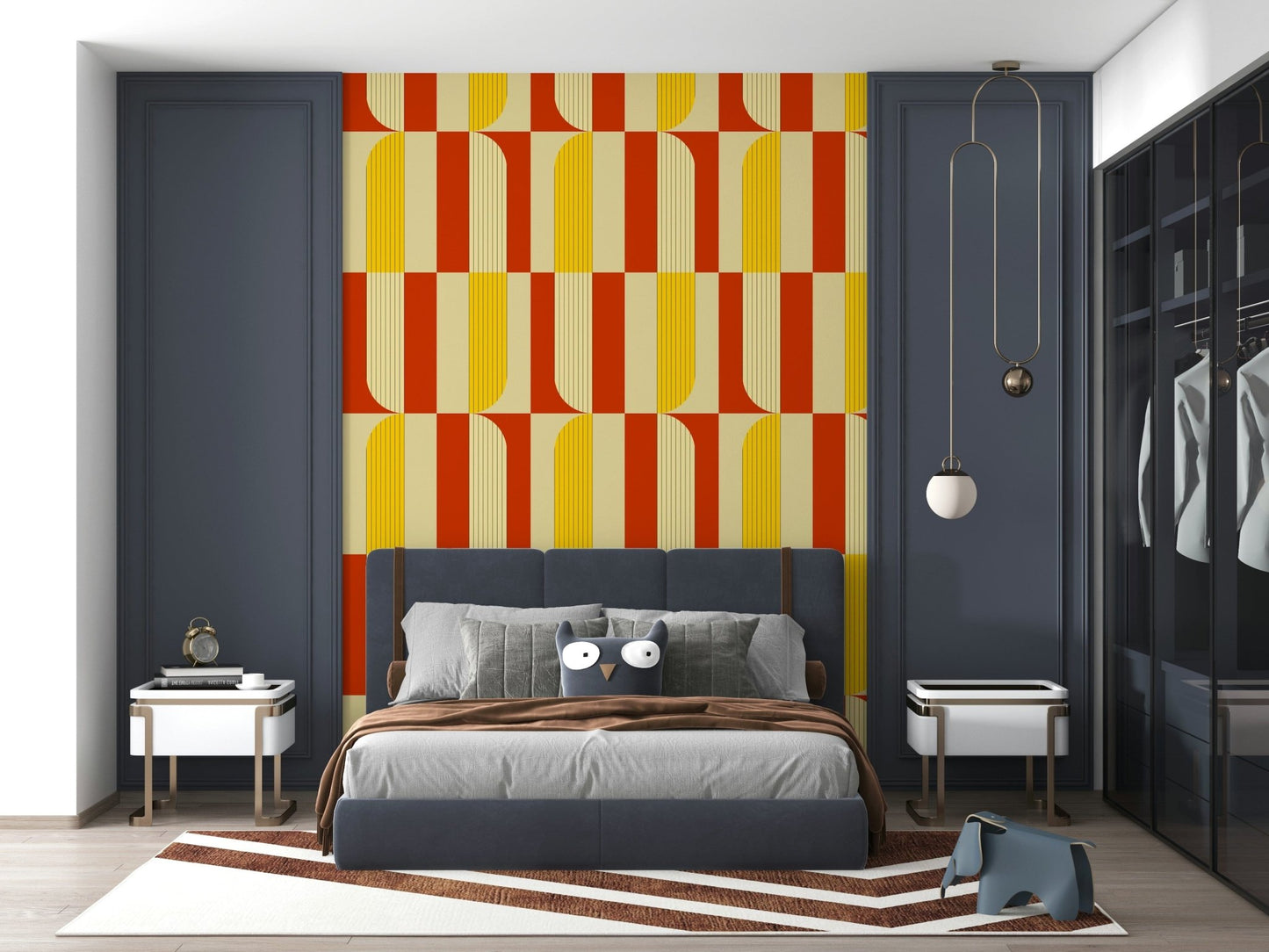 Marigold and Maple wallpaper as a headboard accent behind a navy blue bed with matching wardrobes