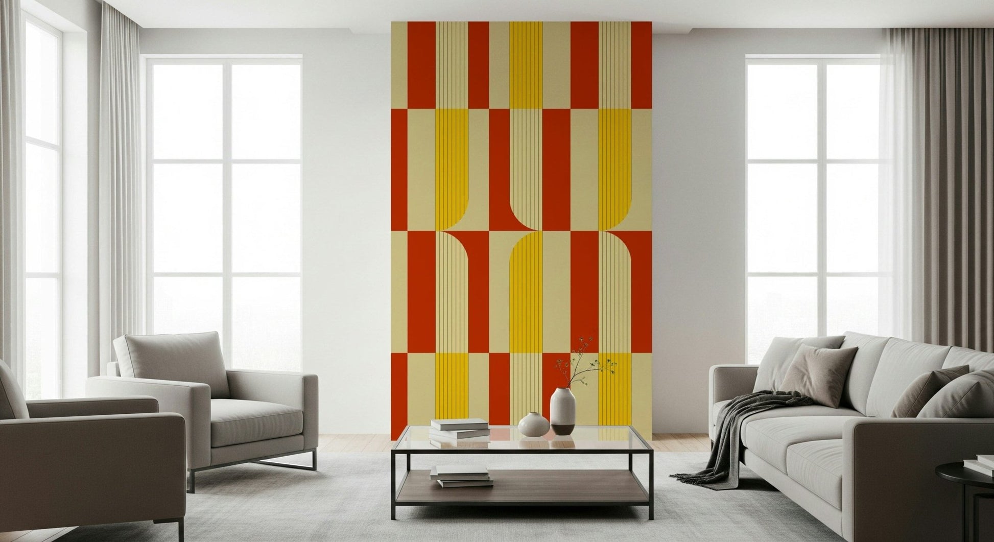 Marigold and Maple wallpaper as a feature panel between windows above grey armchairs and a beige sofa