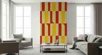 Marigold and Maple wallpaper as a feature panel between windows above grey armchairs and a beige sofa