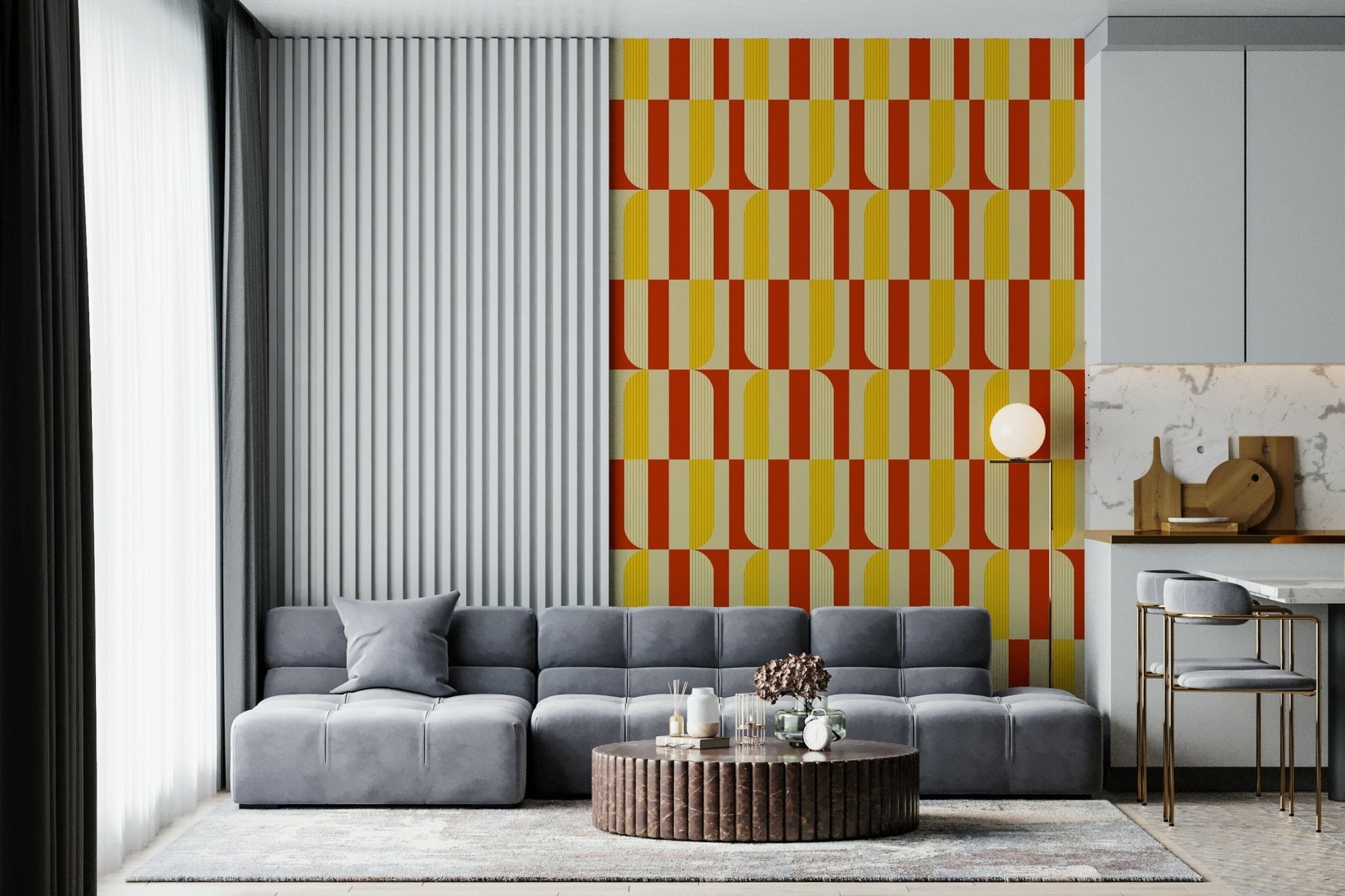 Marigold and Maple wallpaper behind a grey modular sofa with a fluted round coffee table