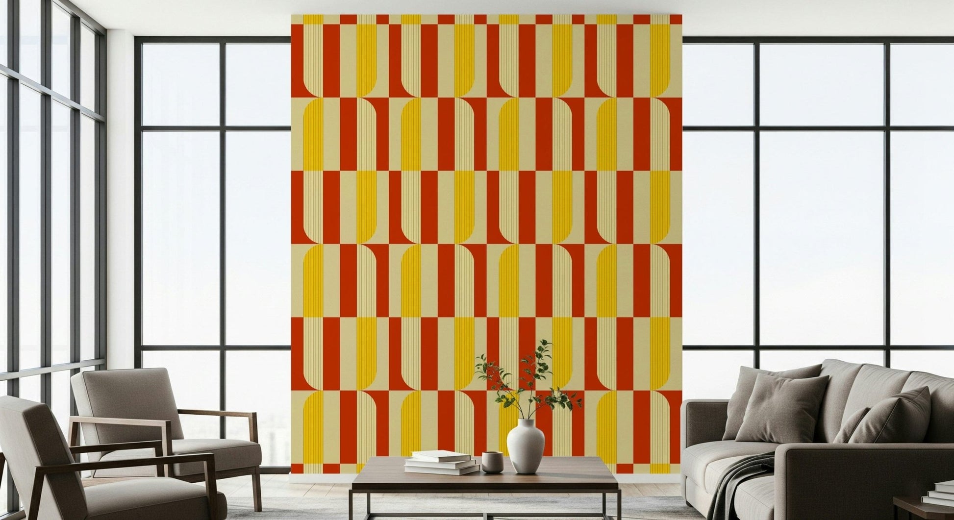 Marigold and Maple wallpaper feature wall behind a beige sofa in a bright window-lined living room