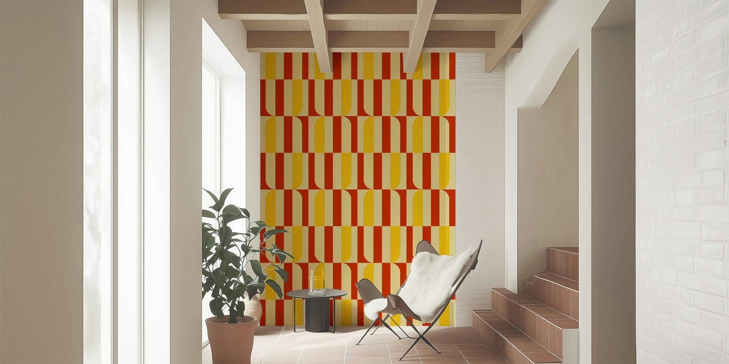 Marigold and Maple wallpaper in an entryway with a sheepskin sling chair and terracotta stairs