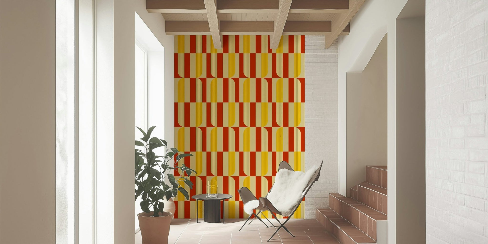 Marigold and Maple wallpaper in an entryway with a sheepskin sling chair and terracotta stairs