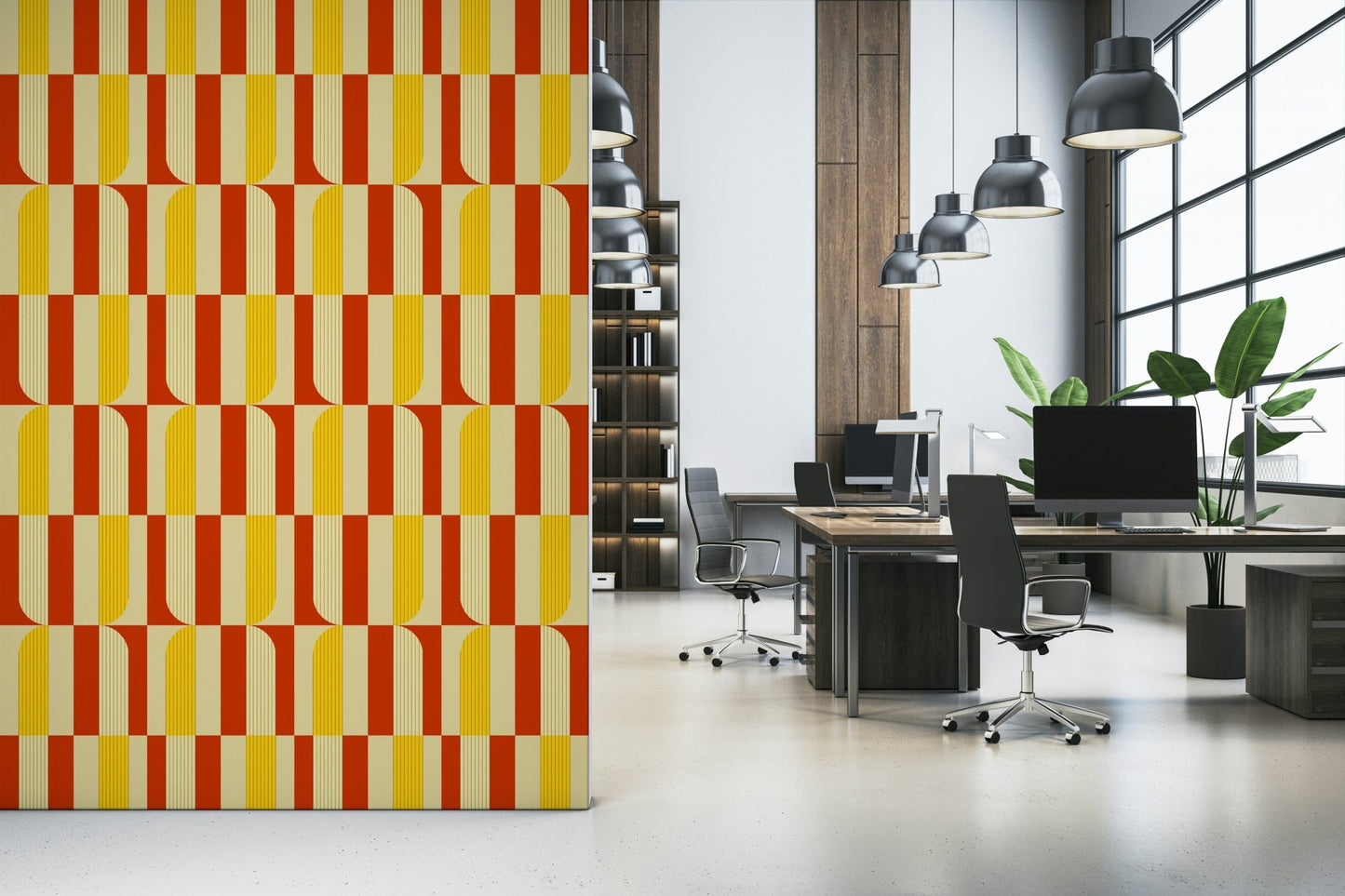 Marigold and Maple wallpaper on a partition wall in an open-plan office with desks and cage pendants