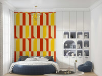 Marigold and Maple wallpaper in a kids room behind a navy round bed and white arched bookshelf