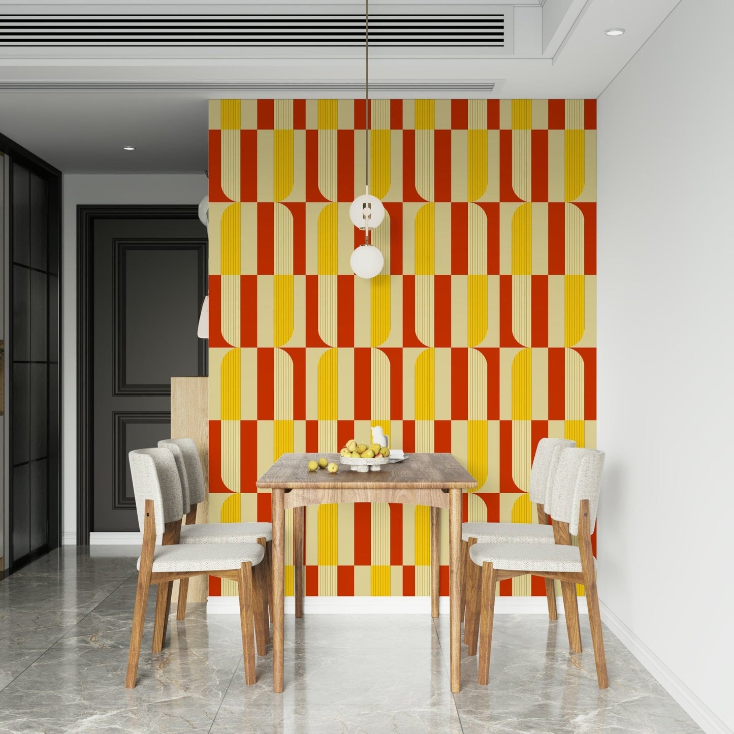 Marigold and Maple wallpaper in a dining room with a wood table, cream chairs and glass pendant