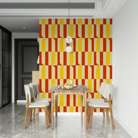Marigold and Maple wallpaper in a dining room with a wood table, cream chairs and glass pendant