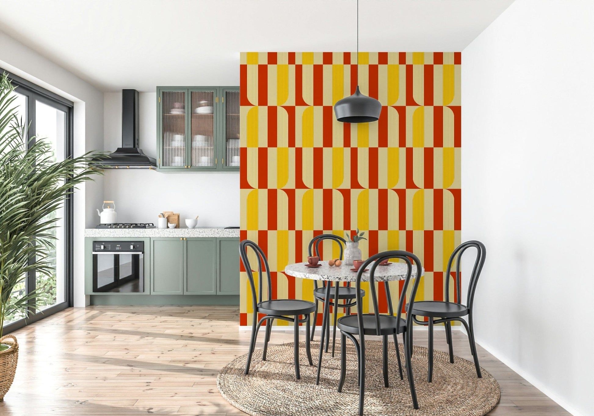 Marigold and Maple wallpaper in a kitchen with sage cabinets and black bentwood bistro chairs